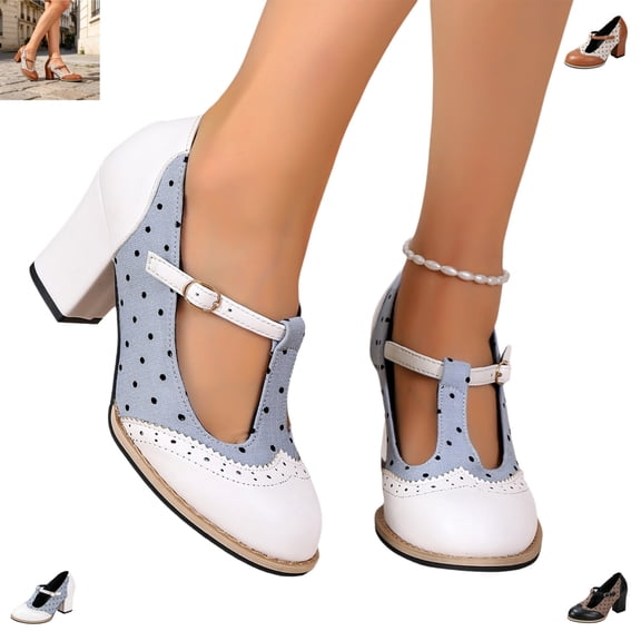 YOUYEDIAN Mary Jane Shoes Women High Block Heel Fashion Round Toe Casual Slip On Belt Comfy Flats Versatile Polka Dot Outdoor Dress Shoes