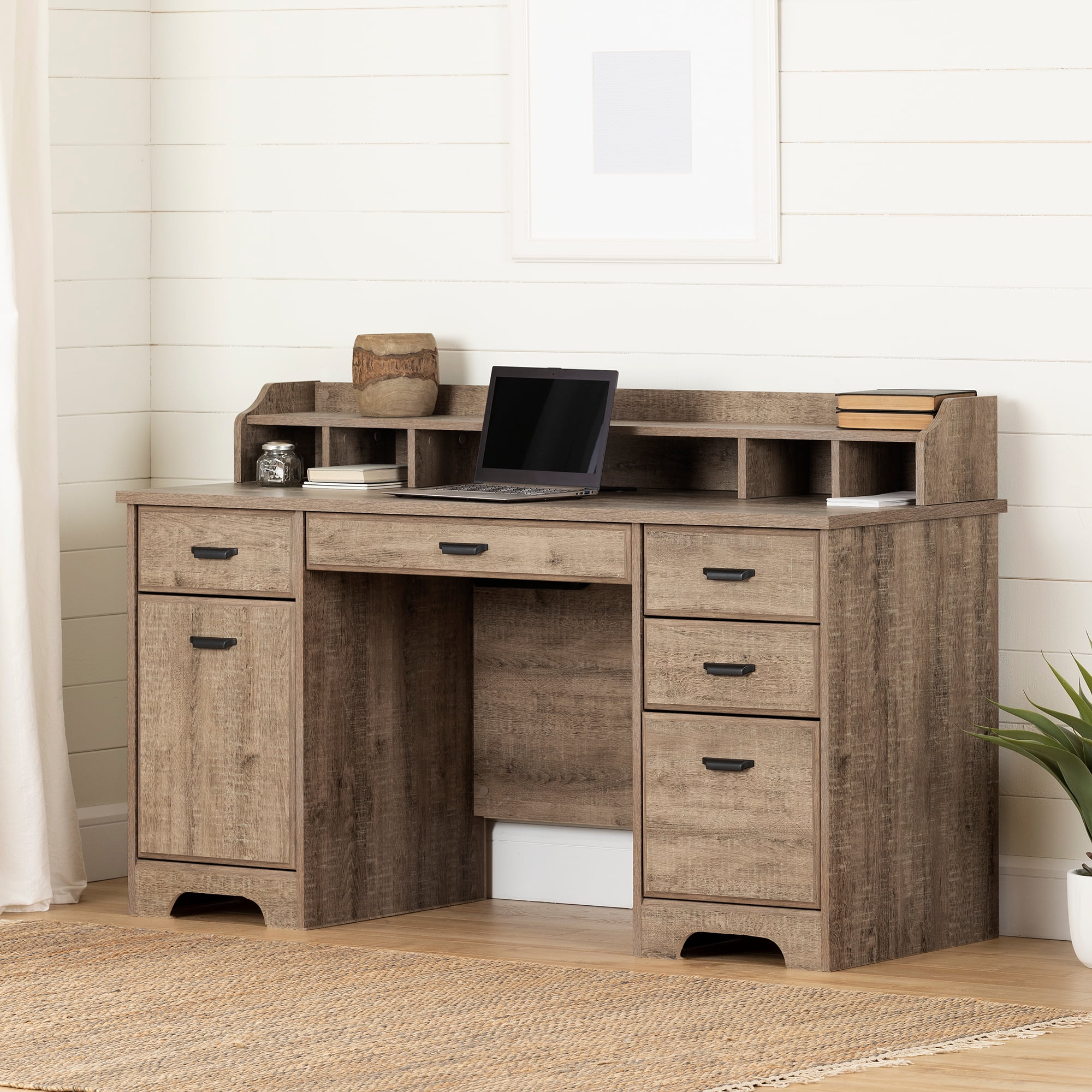 South Shore Versa Computer Office Desk with Power Bar, Weathered Oak