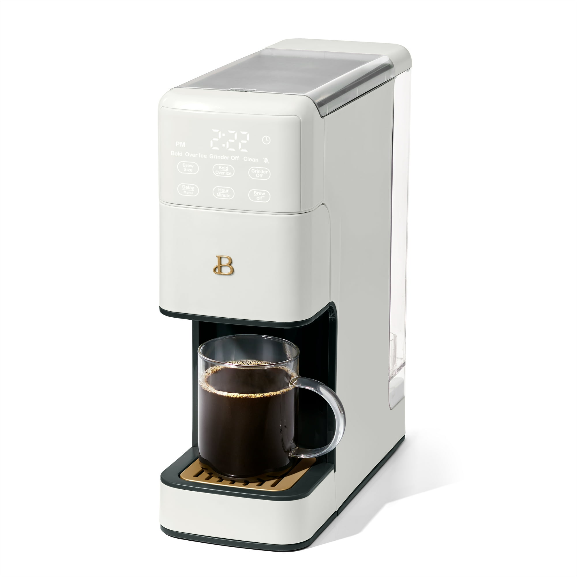 Beautiful by Drew Barrymore Perfect Grind Programmable Single-Serve Coffee Maker with Built-In Grinder, White Icing