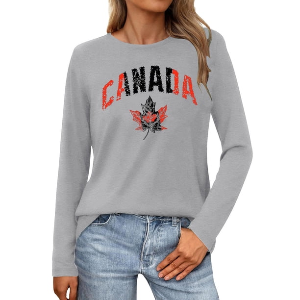 MHFRRA Camiseta de Manga Larga para Mujer con La Bandera del Día de Canadá y La Hoja de Arce Canadiense. Gris