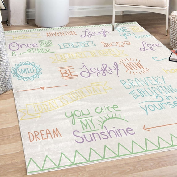 Adventure Decorative Rug, Various Words on Happiness and Self Value Uplifting Phrases Being Who You Are, Quality Carpet for Bedroom Dorm and Living Room, 6 Sizes, Lavender Green, by Ambesonne