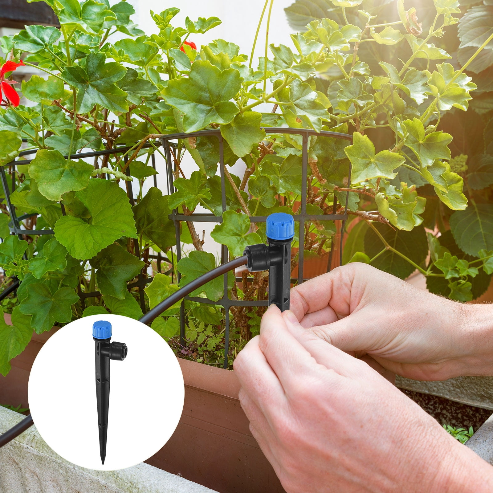Uxcell 50-Pack Drip Irrigation Emitters, Adjustable 360 Degree Water Flow 8 Holes for 1/4" Tubing [Blue, Drip]