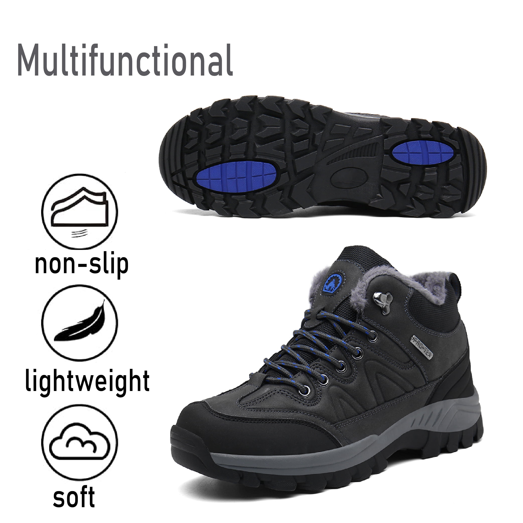 Mens Hiking Snow Boots Padded Warm Cotton Shoes Non-slip Lightweight Sneakers Waterproof Fur Lined Bare Boots Gray 7.5 UK