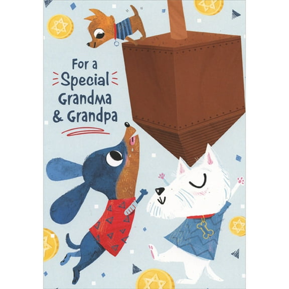 Designer Greetings Three Cute Dogs and Large Brown Dreidel Juvenile Hanukkah Card for Grandma and Grandpa