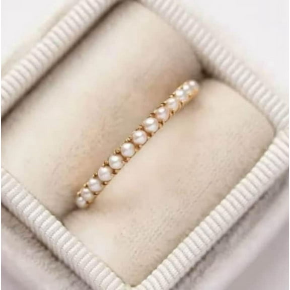 Freshwater Pearl Eternity Wedding Band Gold Plated Stackable Matching Band For Women June Birthstone Promise Engagement Gift Vintage Jewelry