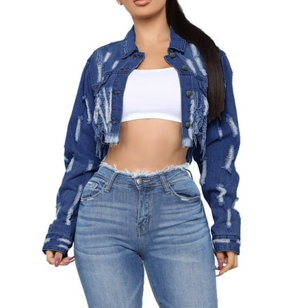 XZNGL Cropped Denim Jacket Womens Cropped Jacket with Holes on the Back ...