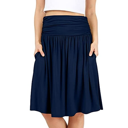 

Navy Skirts for Women Knee Length Navy a Line Skirt Skirt with Side Pockets High Waisted Flowy Skirt Womens Skirts Navy Blue Skirt (Size Small Navy Midnight)