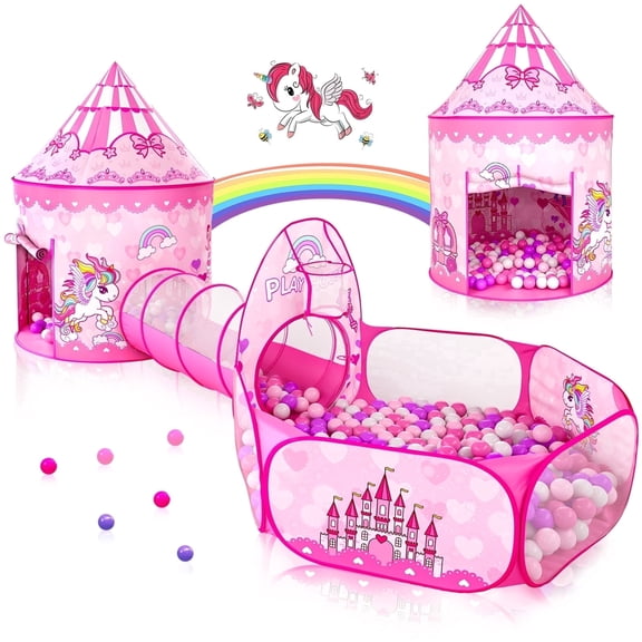 Wilwolfer Princess Castle Kids Tunnel Tent with Baby Ball Pit for Girls and Toddlers, Indoor Outdoor Polyester Play Tent, Pink