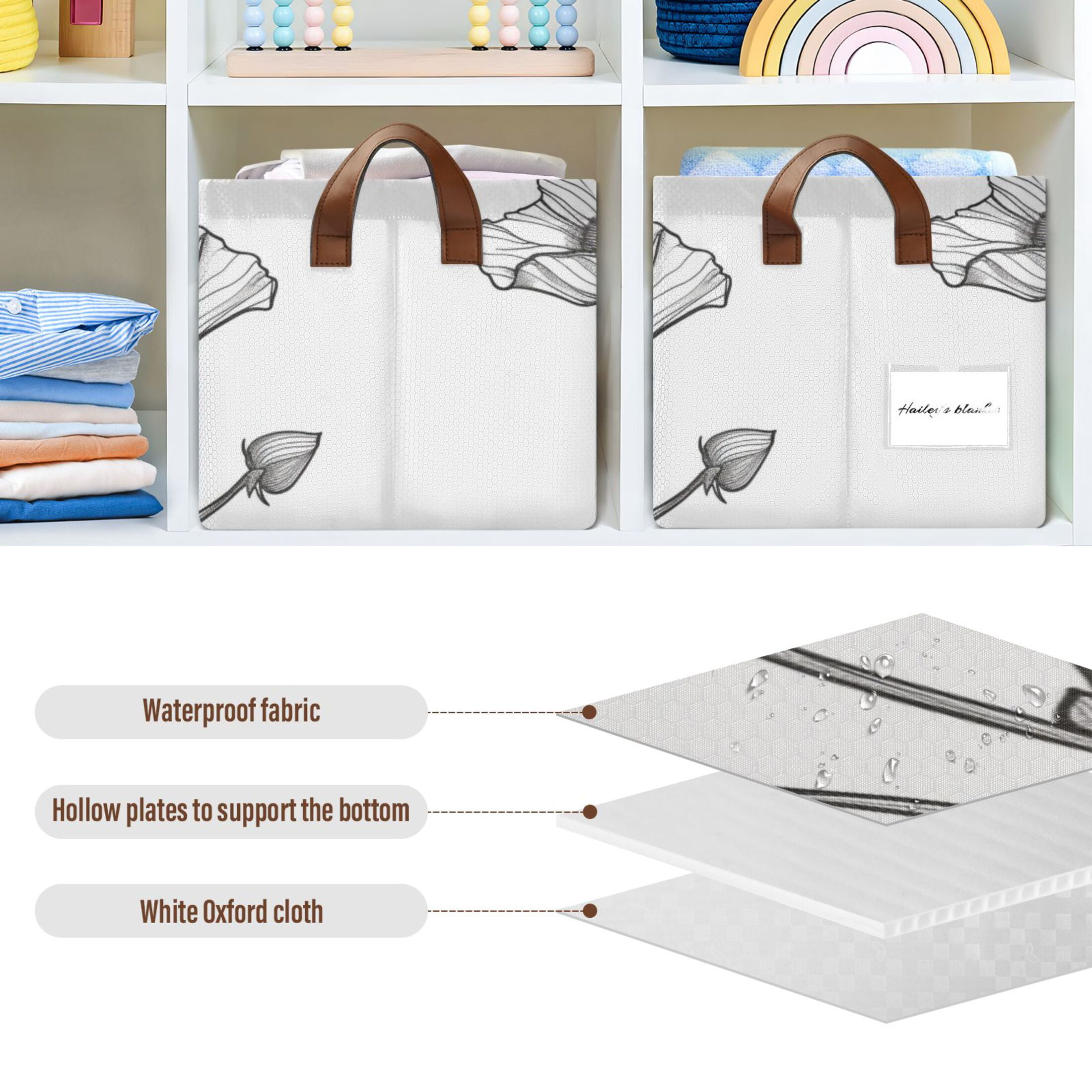 Black Line Flowers Foldable Storage Large Fabric Storage Baskets Organizer Storage Bins with Handles for Shelves