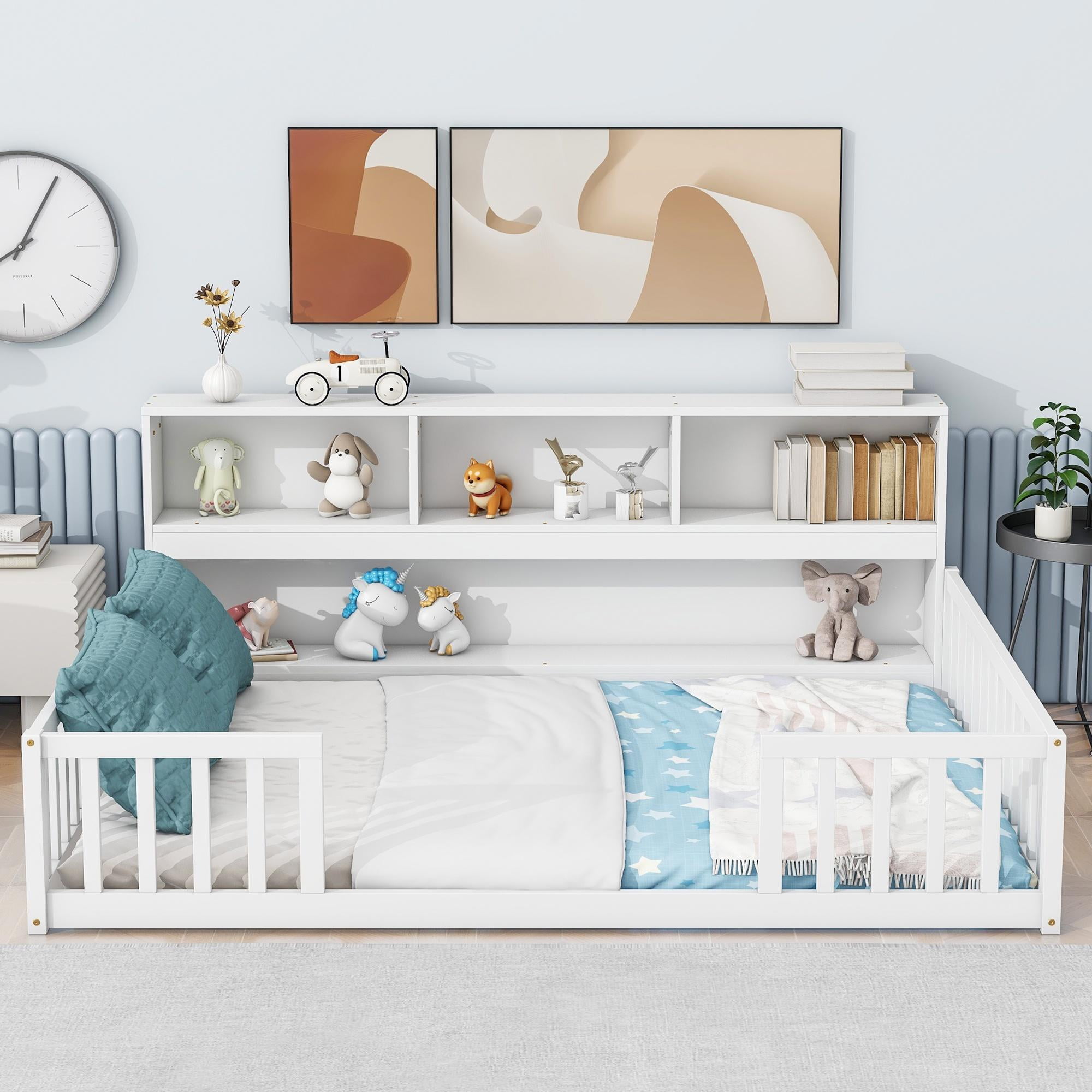 PORKISS Full Floor Bed Frame with Bookcase and Fence, Wood Kids Floor Bed with Storage Shelves, Montessori Bed, White