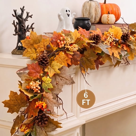 Leyaron Fall Garlands Decorations, 6 FT Fall Maple Leaves Garlands with Lights Berries for Autumn Thanksgiving Outdoor Indoor Party Table Porch Fireplace Home Halloween Decor