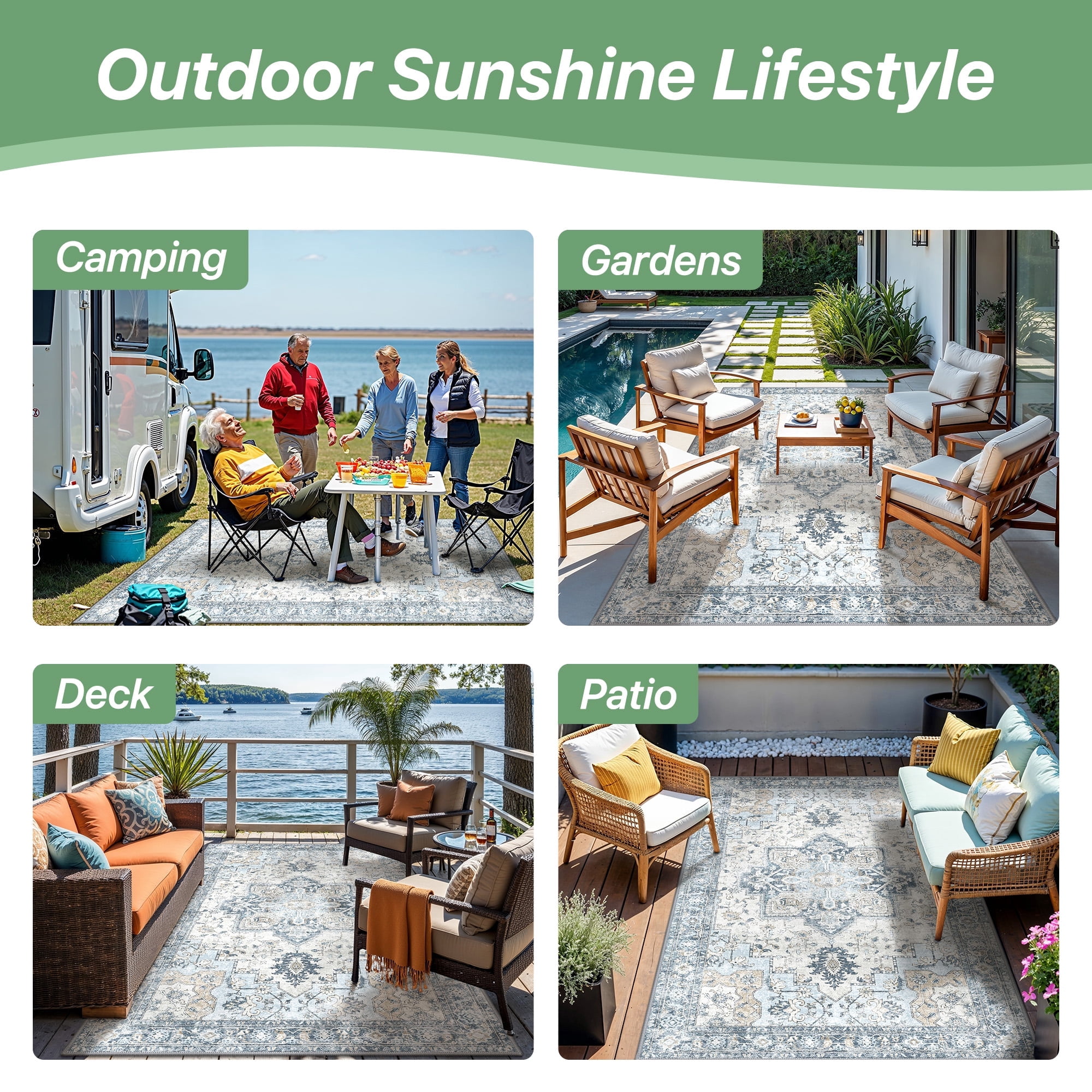 DEORAB Outdoor Rugs 9'X12' Chenille Patio Rug Three-Layer Material Imitation Silicone Spot Molding Camping Outside Rv Mat,Blue