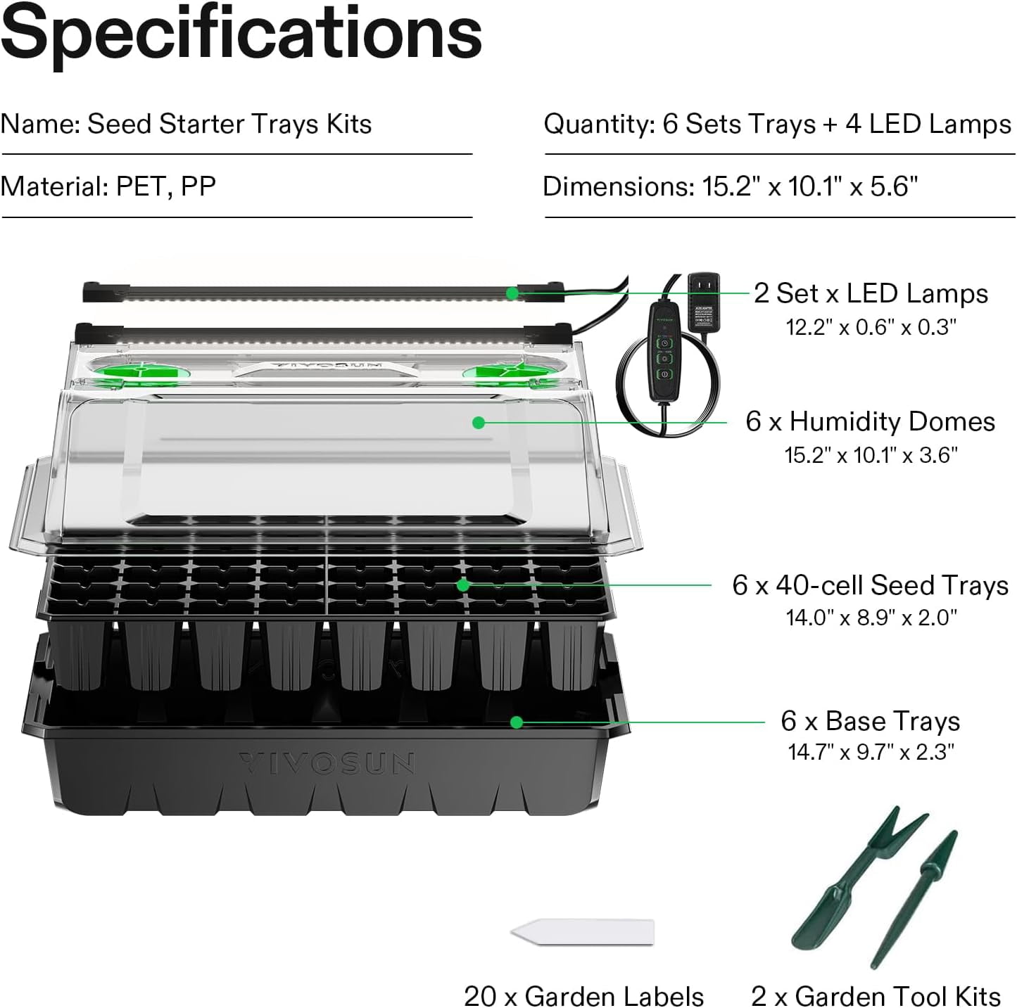 VIVOSUN 6-Pack Seed Starter Trays, 240-Cell Seed Starter Kit with 2 Set of LED Lights, 3.6" Higher Cover, Adjustable Vents,Green Propagation Tray for Planting Seed, 40 Cells x 6 Pack