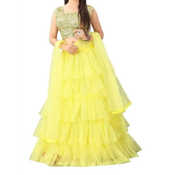 Lehenga Choli Taille Unique en Soie Semi-Cousu pour Femmes