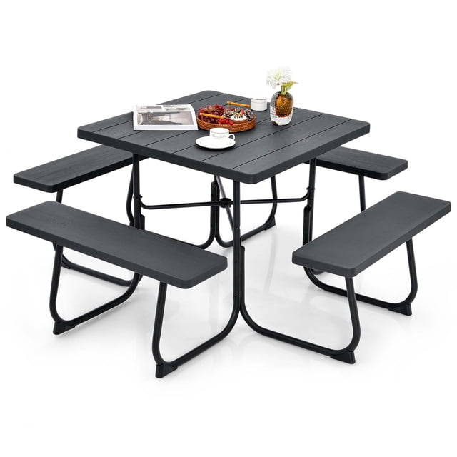 Costway Juego De Banco De Mesa De Picnic Cuadrada Para 8 Personas Con 4 Bancos Y Orificio Para Sombrilla, Marco De Metal Y Mesa De HDPE Con Textura Similar A La Madera, Para Exteriores, Patio