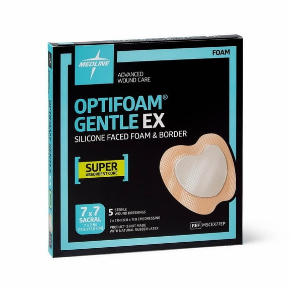Medline Optifoam Gentle EX Sacral Bordered Foam Adhesive Dressing, 7" x 7", 5 Count
