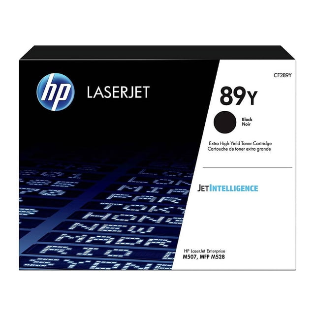 cartucho de tóner hp 89y negro laserjet original cf289y hp empaque frontal rectangular con logo HP y texto LaserJet, número 89Y grande y un círculo negro que identifica el color, texto JetIntelligence y compatibilidad indicada con impresoras HP LaserJet M507 y M528; fondo azul oscuro con patrón tipo circuito.