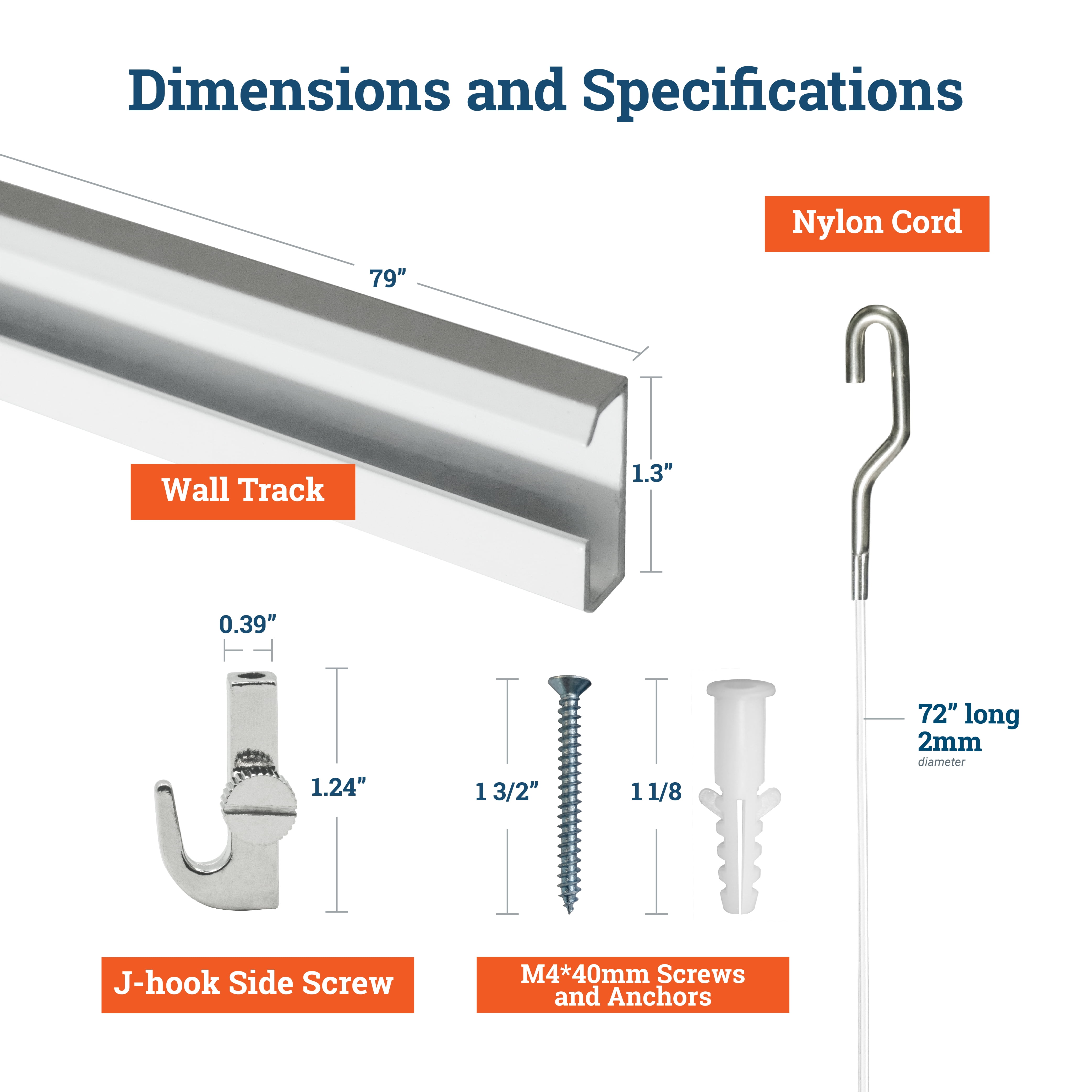 Picture Hang Solutions - Track 101 Picture Rail Kit - Includes 79-inch Wall Track, Nylon Cords, Adjustable Hooks, and Hardware - Gallery Hanging Systems (1 set per pack)