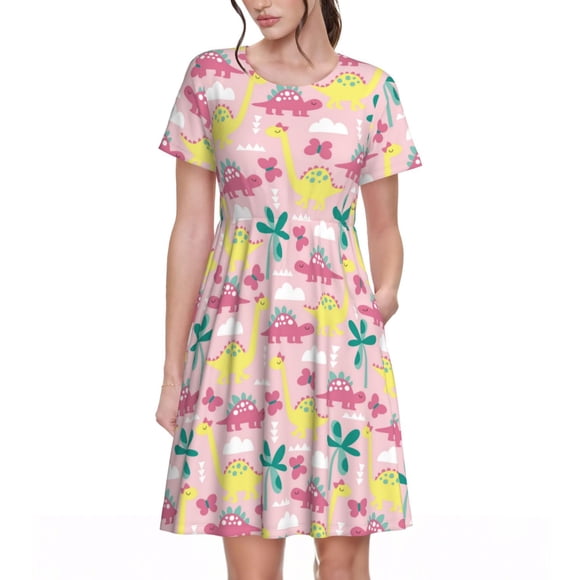 Kdxio Dinosaur Print Women's Casual T Shirt Dress Summer Short Sleeve Swing Dresses with Pockets