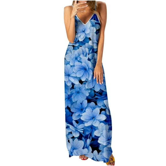 USSUMA Floral Print Bohemian Beach Dresses for Women Casual Summer V Neck Sleeveless Plus Maxi Sundresses Women Spaghetti Strap Flowy Long Vacation Sun Dress Wedding Guest