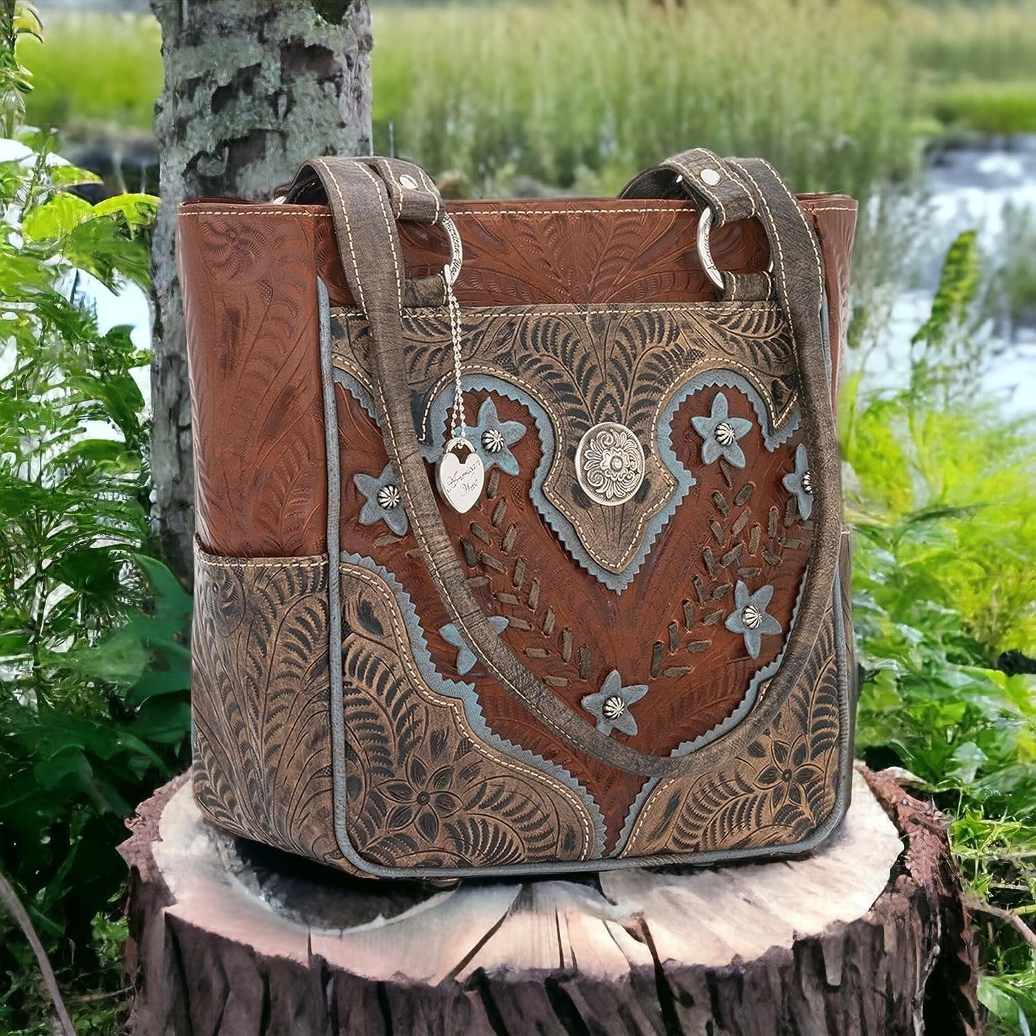 American West Women s Handbag Genuine Leather Tote Hand Tooled Stylish Every Day Purse Walmart