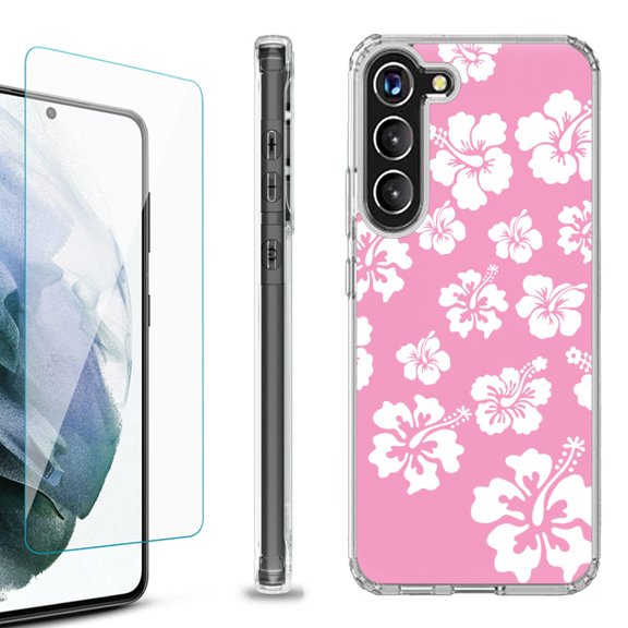 Shockproof Bumper Phone Case for Samsung Galaxy S23 5G, with Tempered Glass Screen Protector, by OneToughShield ® - Hibiscus Pink