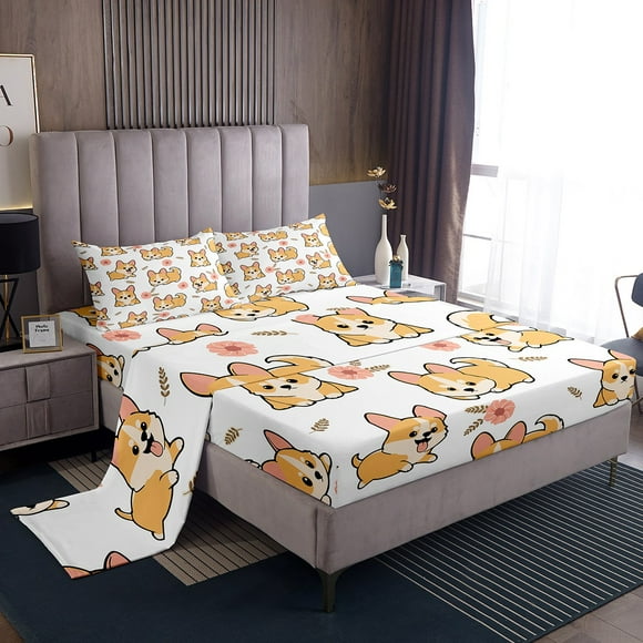 Erosebridal Kawaii Dog Bed Sheets Set Queen Size,Animal Corgi Bedding Sets Queen Size,Floral Flower Bed Sheets Queen,Lightweight Cute Room Decorative,4-Piece