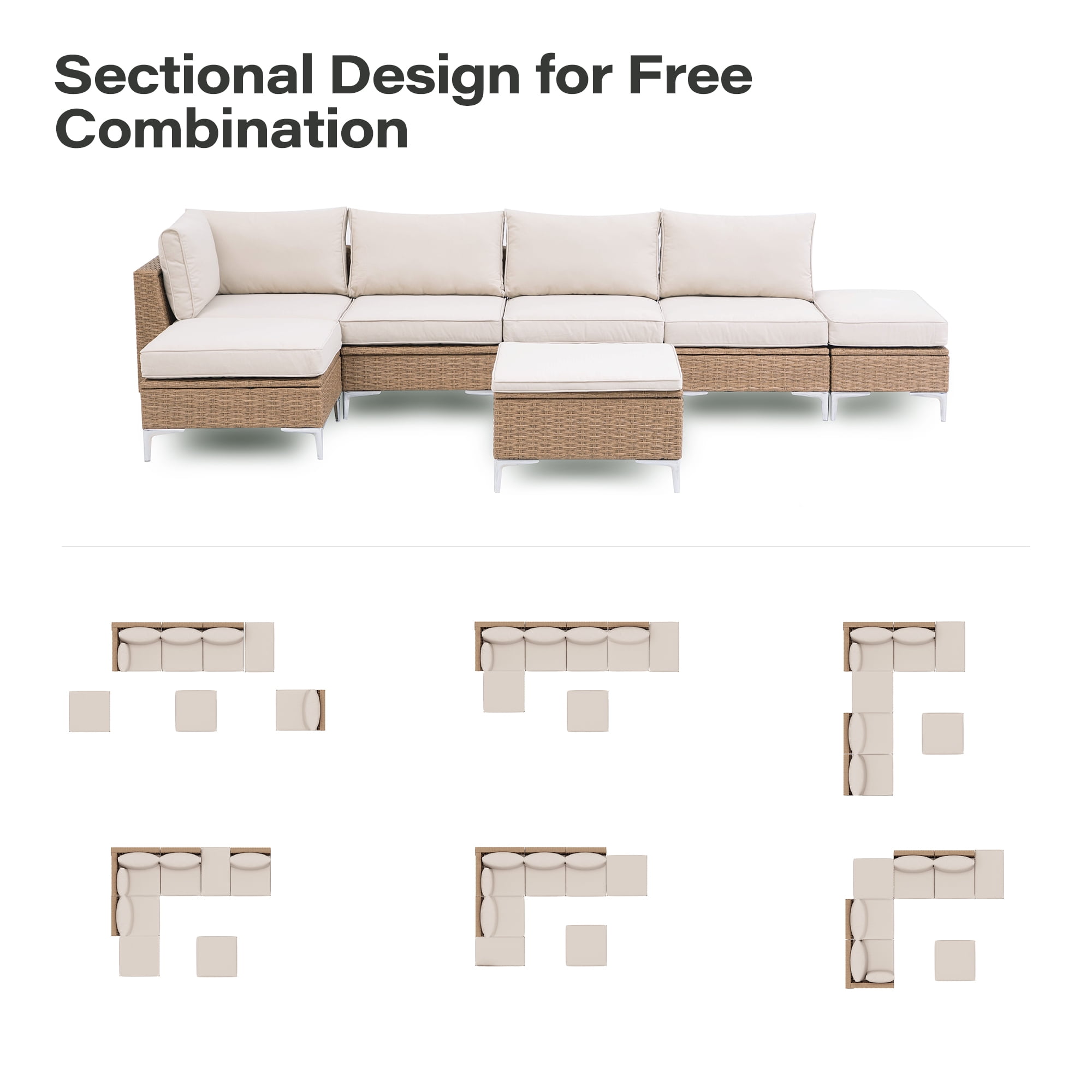 LAUSAINT HOME 7 Pieces Patio Furniture Set with Hidden Storage Compartment, Outdoor Wicker Rattan Sofa, Beige Cushions