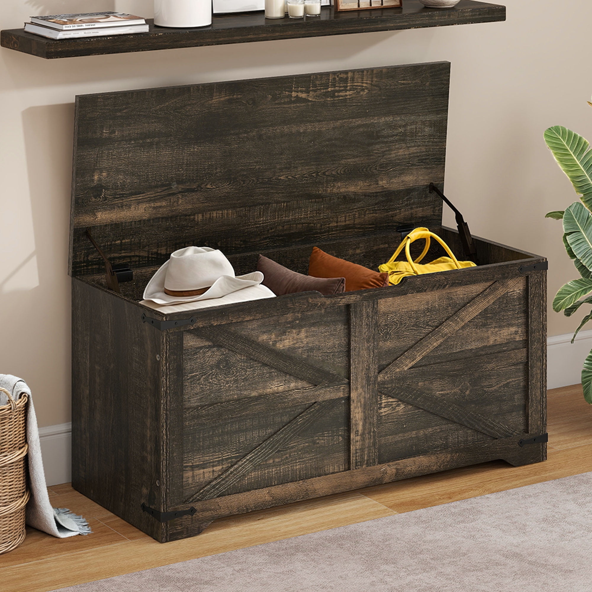 Uforic 39.4" Farmhouse Storage Bench, Wooden Chest with Safety Hinges, Shoe Organizer for Entryway - Rustic Brown