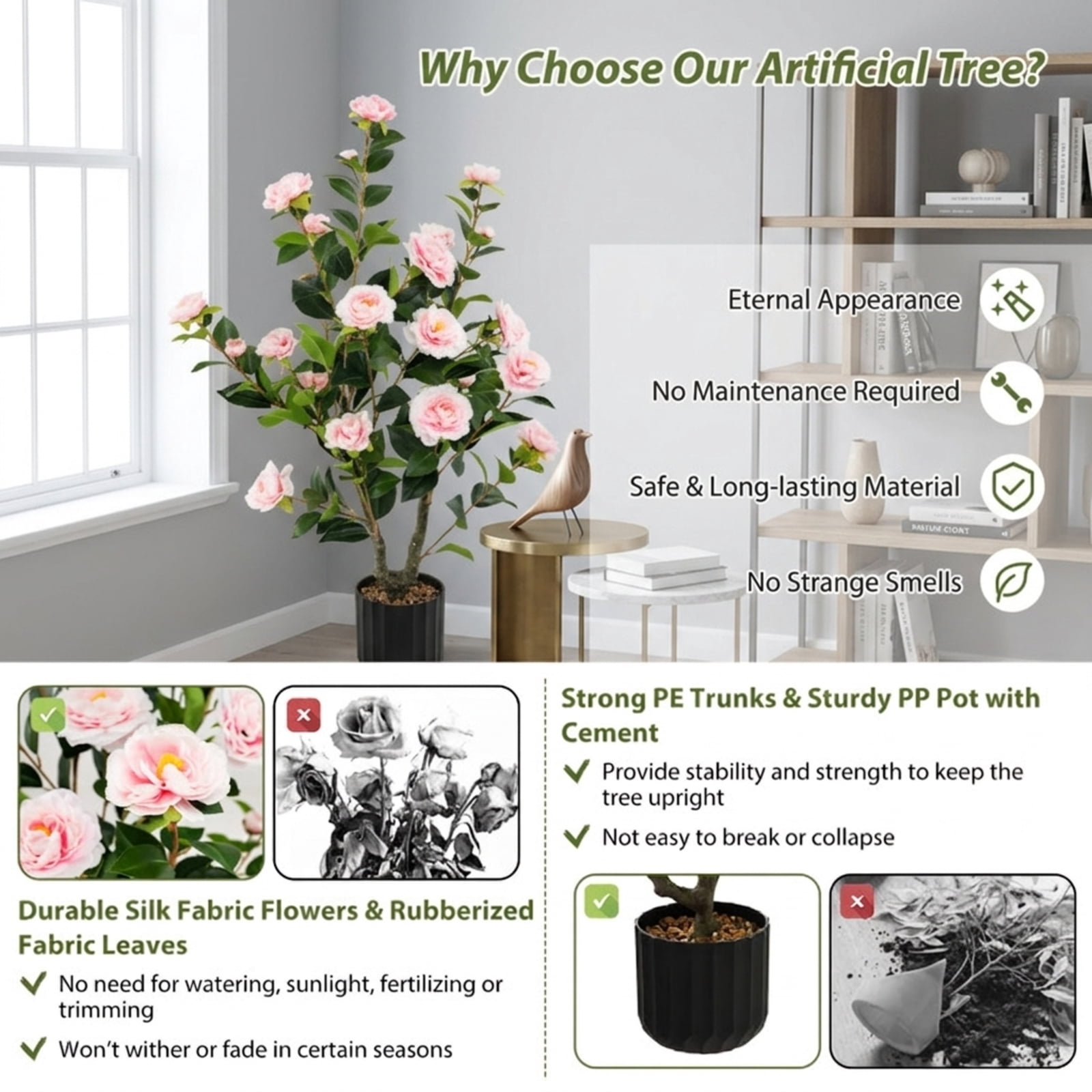 Vebreda Artificial Plant Decor, 38 Inch Artificial Camellia Tree Faux Flower Plant in Cement Pot, Gorgeous and Vivid Appearance
