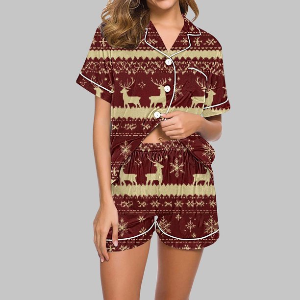 Puntoco Conjunto de pijama cómodo para mujer Conjunto de pijama de camisa de satén con cuello en V y manga corta con estampado navideño para mujer