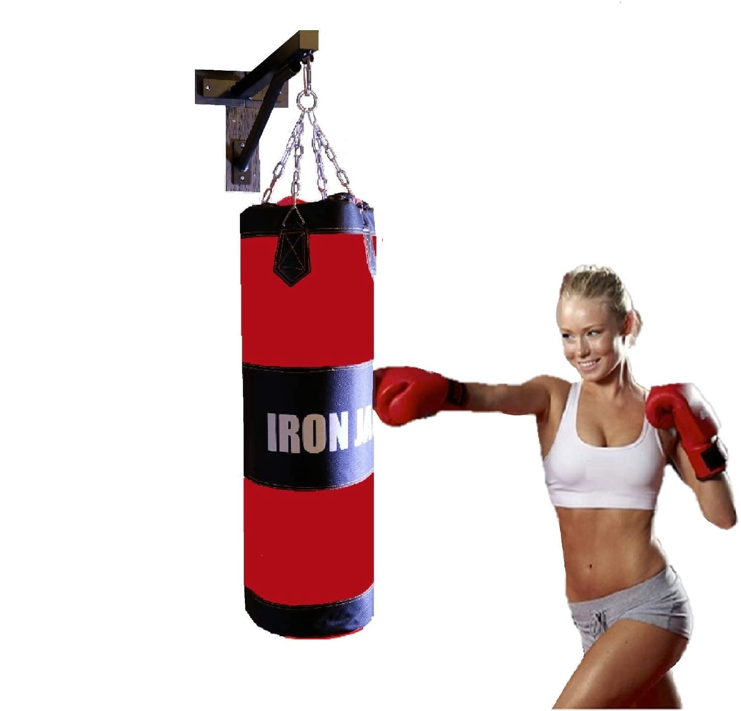 IRON BAR Heavy Bag Full Kit Boxing Punching Bag with Gloves Unfilled Sandbag for Boxing, MMA, Karate, Muay Thai, Kick Boxing, Martial Arts, Punching Training, Kicking - Hanging Chain w Bracket White