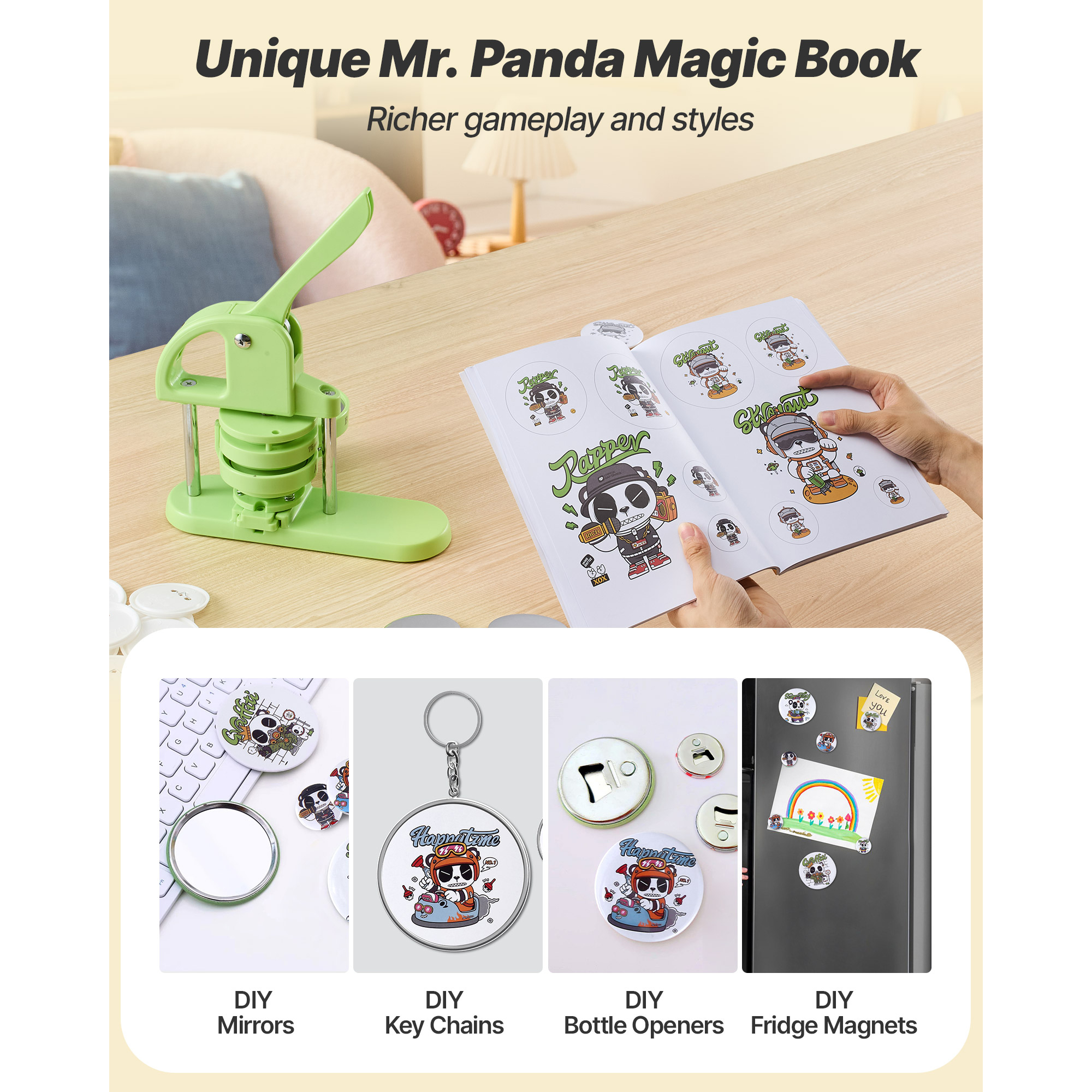 KFFKFF Button Maker Machine, 2.95 in, Plastic Pin Press with 100pcs Button Components, Circle Cutter, and Design Book, Durable Ergonomic Handle, Ideal for DIY Badges, Custom Pins, and Keychains