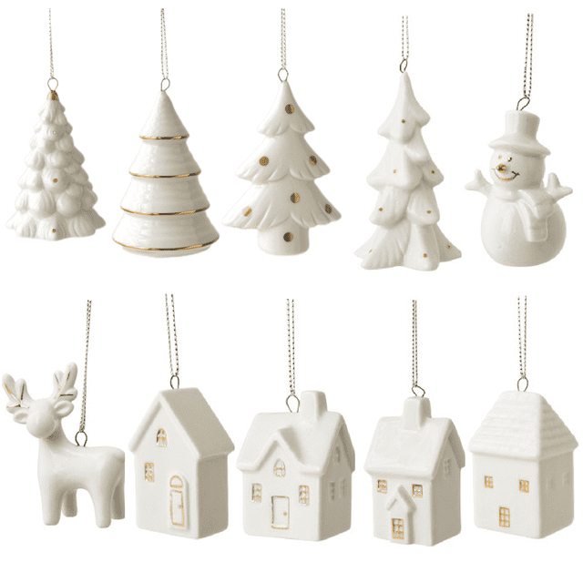 2 piezas de árbol de Navidad de cerámica blanca, muñeco de nieve, casa de nieve, reno, árbol de Navidad de porcelana, figuras de árbol de Navidad para fiesta, decoración de interiores del hogar,