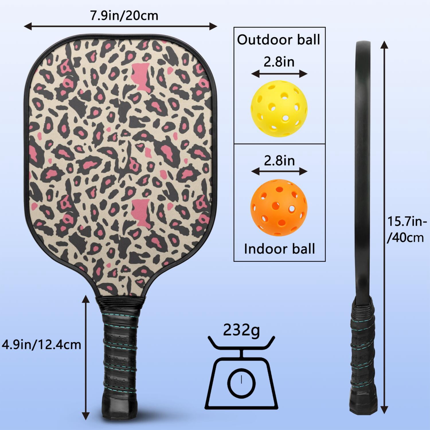 Pickleball Paddles Set Of 1, Fiberglass Surface, Animal, Leopard Print, 1 Paddle, 2 Balls & Bag