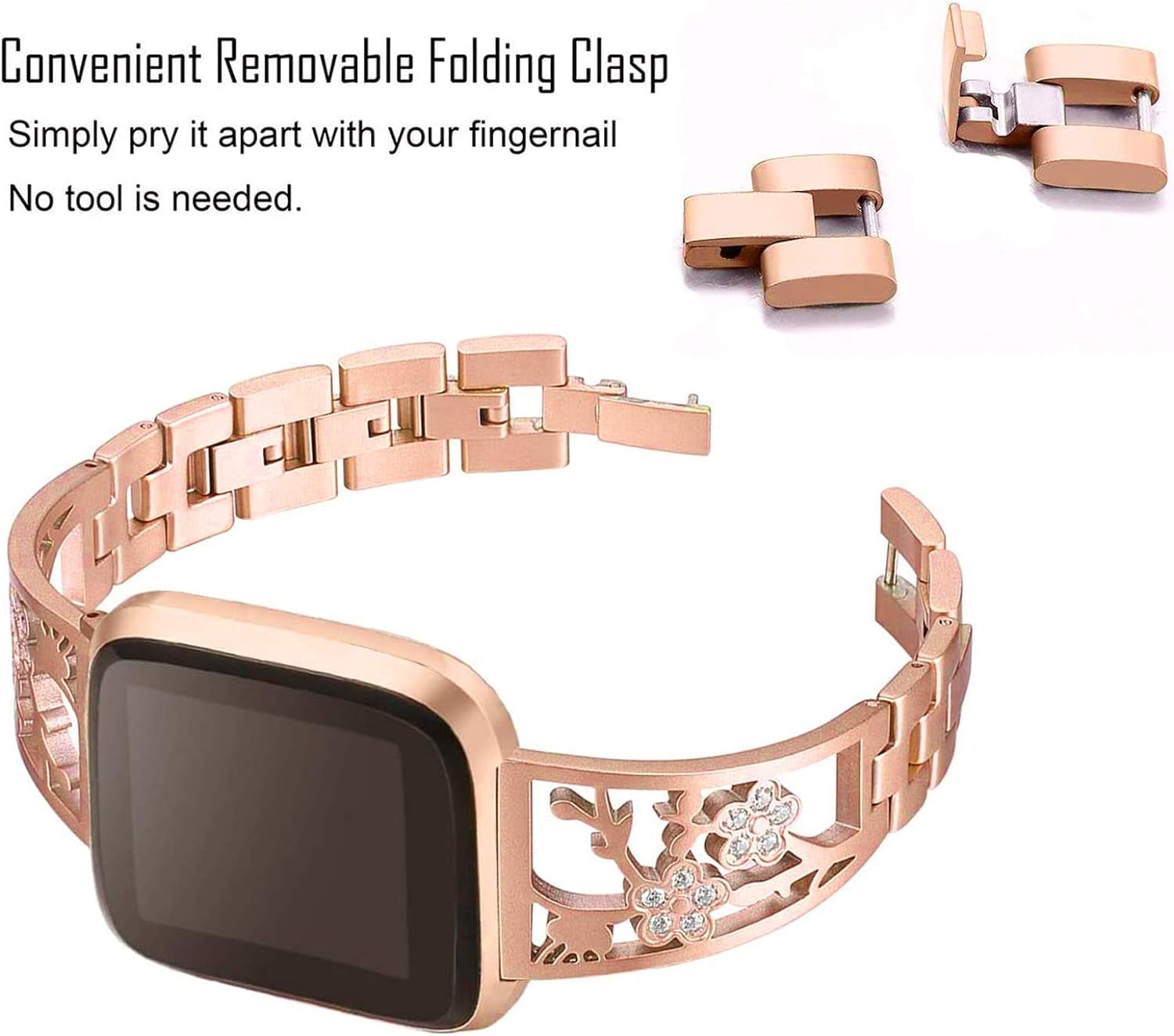 REQO Stainless Steel Bracelet Compatible with Fitbit Sense 2/Sense/Versa 4/Versa 3, Women Bling Replacement Bands Dressy Luxurious Wristbands for Ladies