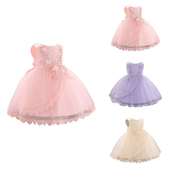 Baby Girl Christening Gown with Bowknot & Flower Embroidery Tutu Dress for Baptism and Everyday Wear, Ages 3-12 Years
