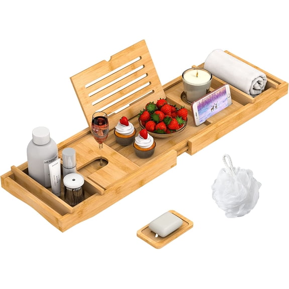 Expandable Premium Bathtub Tray with Soap Towel Bookshelf, Expandable Bathtub Tray with Wine Glass Holder, 29.5" - 43.3"