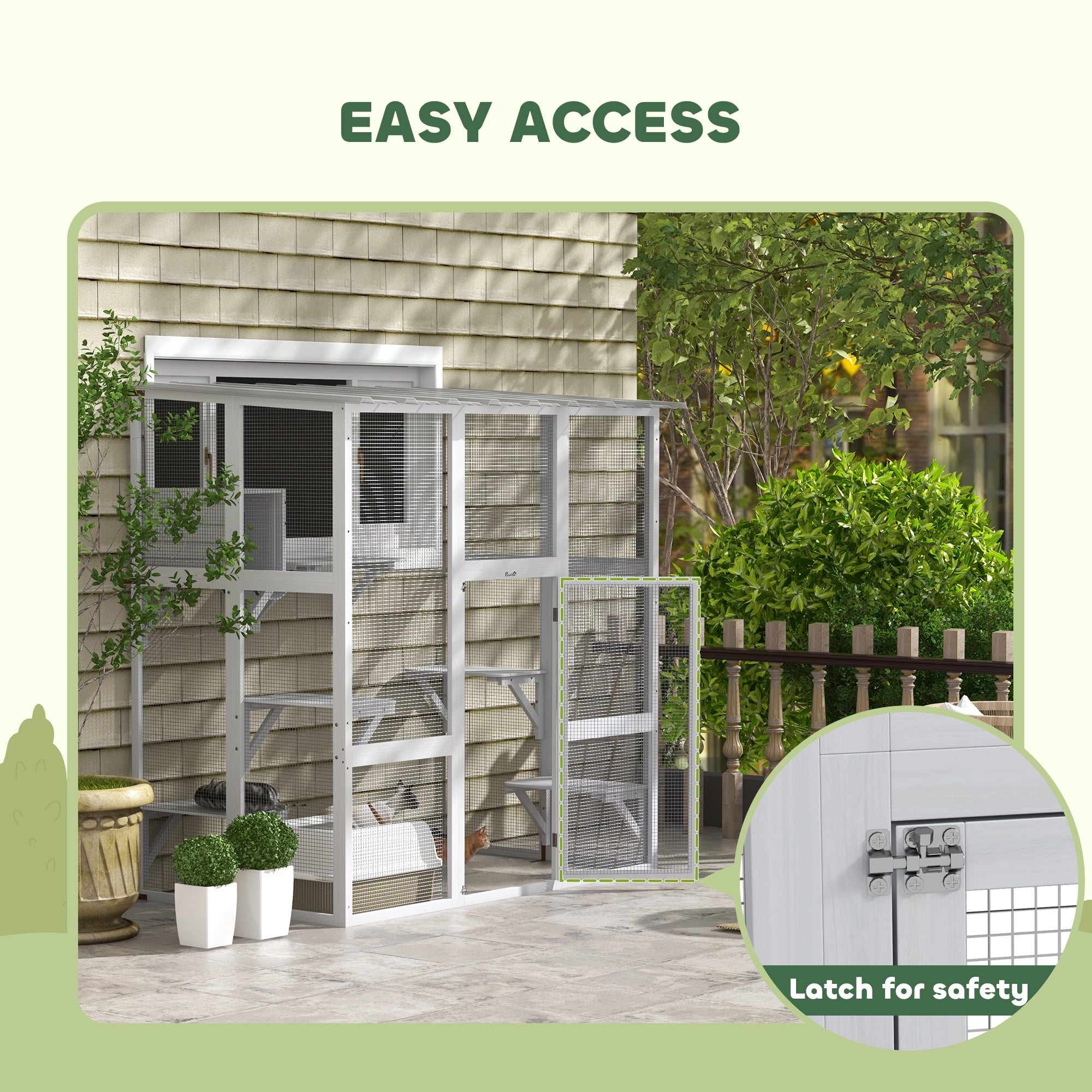 PawHut Catio, Outdoor Cat Enclosure Window Box Wooden Cat House w/ Weather Protection Roof for 2 Kitties with Resting Box, Platforms & Bridge, White