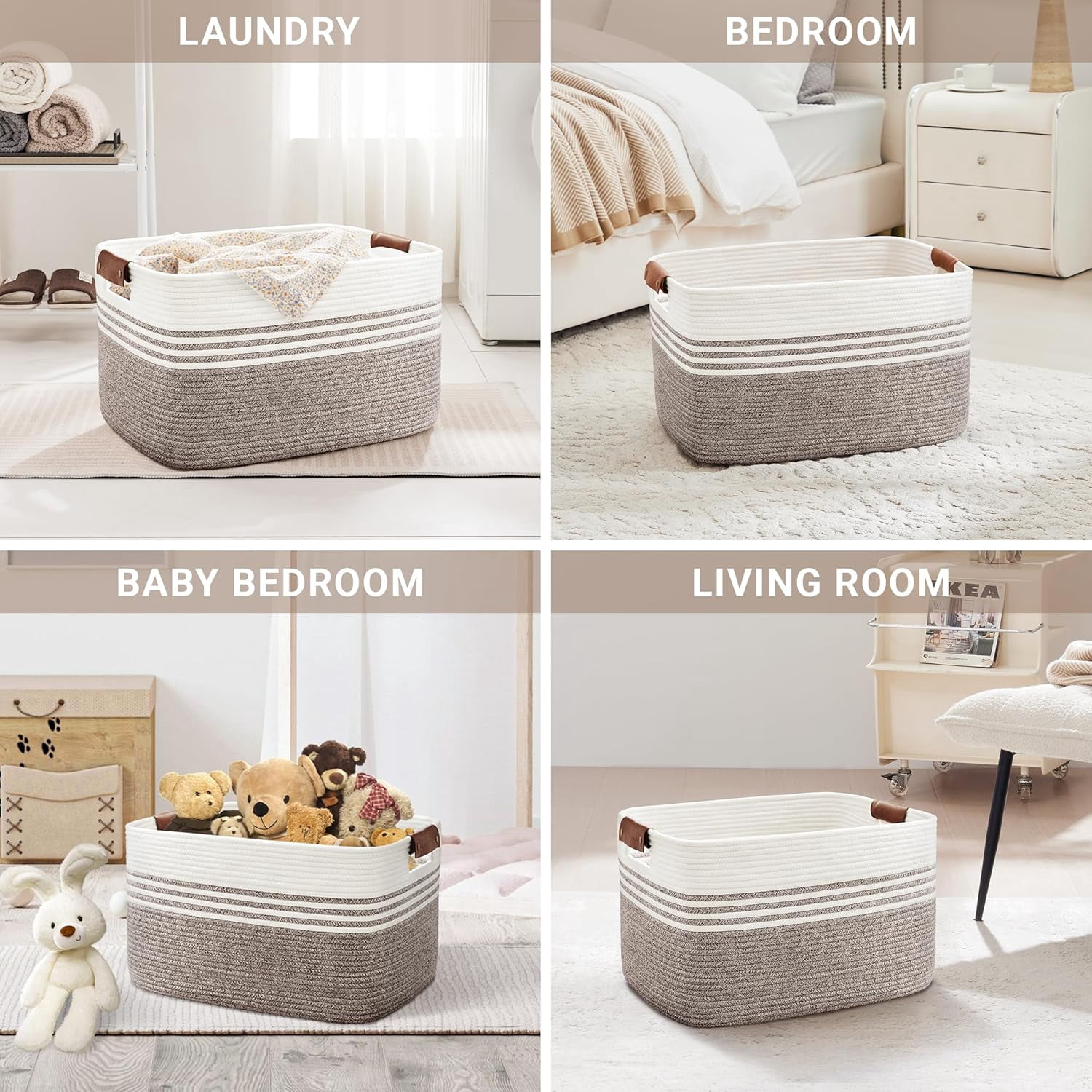 100L Extra Large Laundry Basket with Leather Handles for Living Room Storage, Woven Rope Baskets for Blanket, Kids Toy, Gifts, Wicker Hamper for Bedroom Dirty Clothes, 24"x16"x16" White Brown