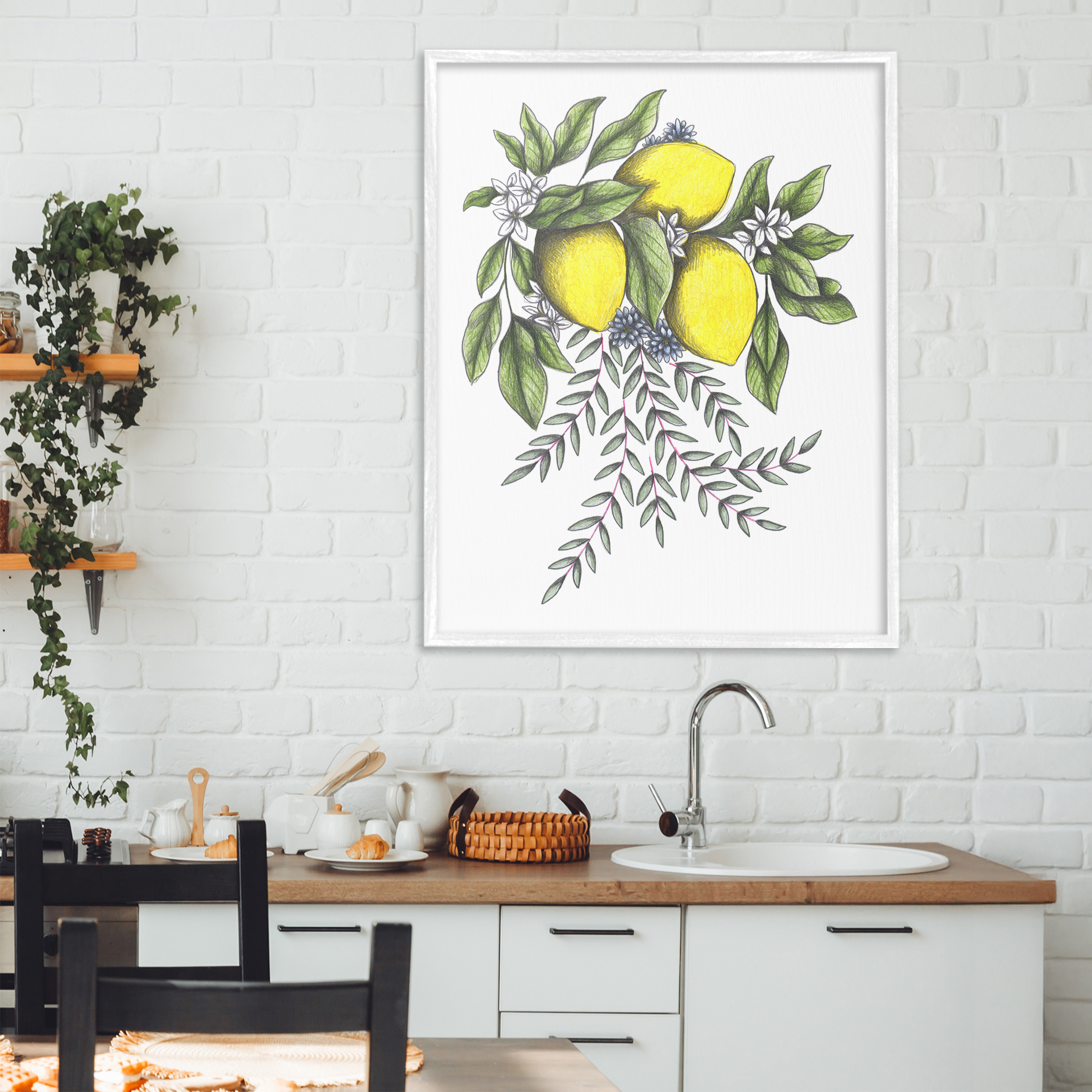 Lemons & Flowers Vintage Sketch White Framed Giclee Art, design by Cecilia Battaini