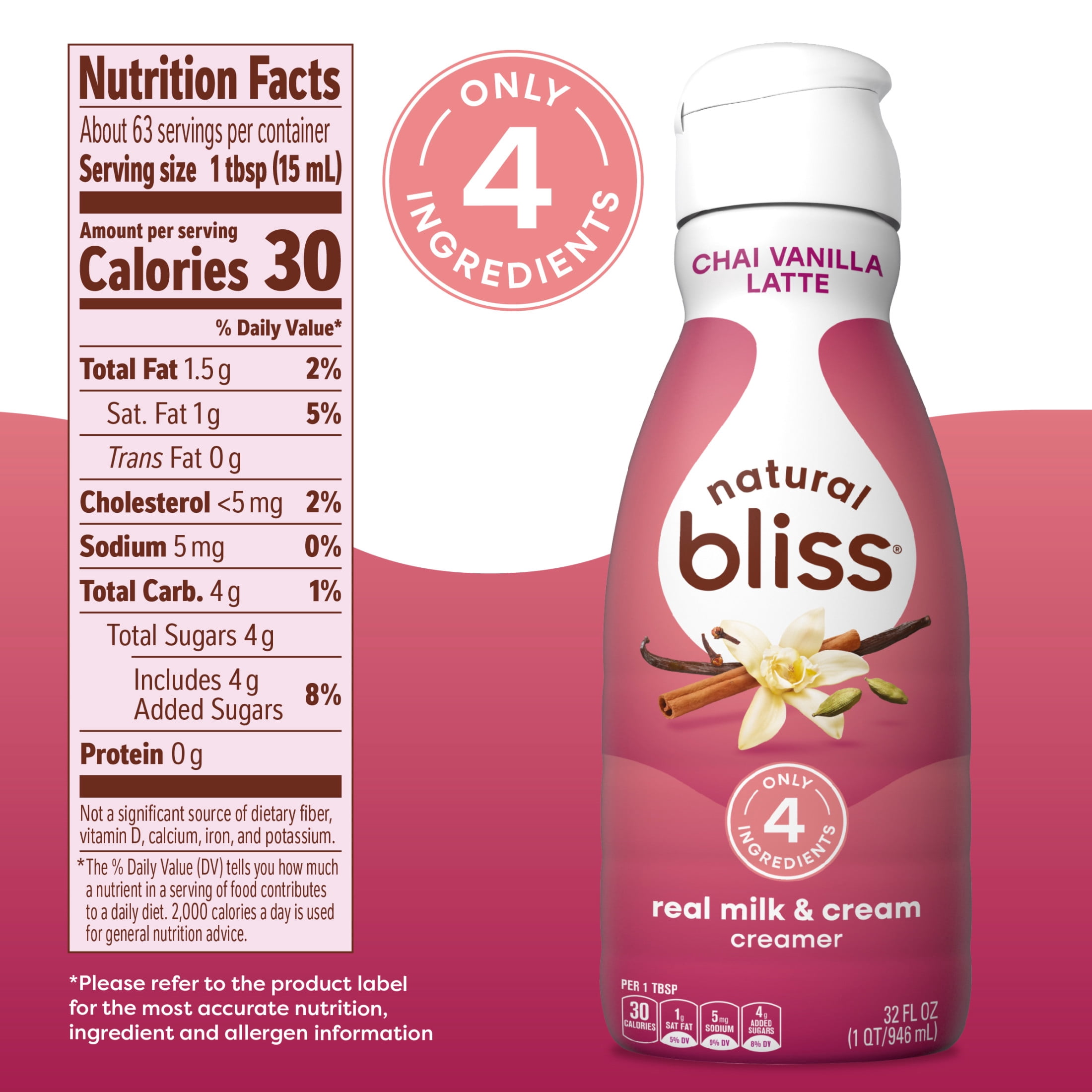 natural bliss Chai Vanilla Latte Flavored Creamer, Gluten Free Creamer, Iced, Hot Coffee 32 fl oz