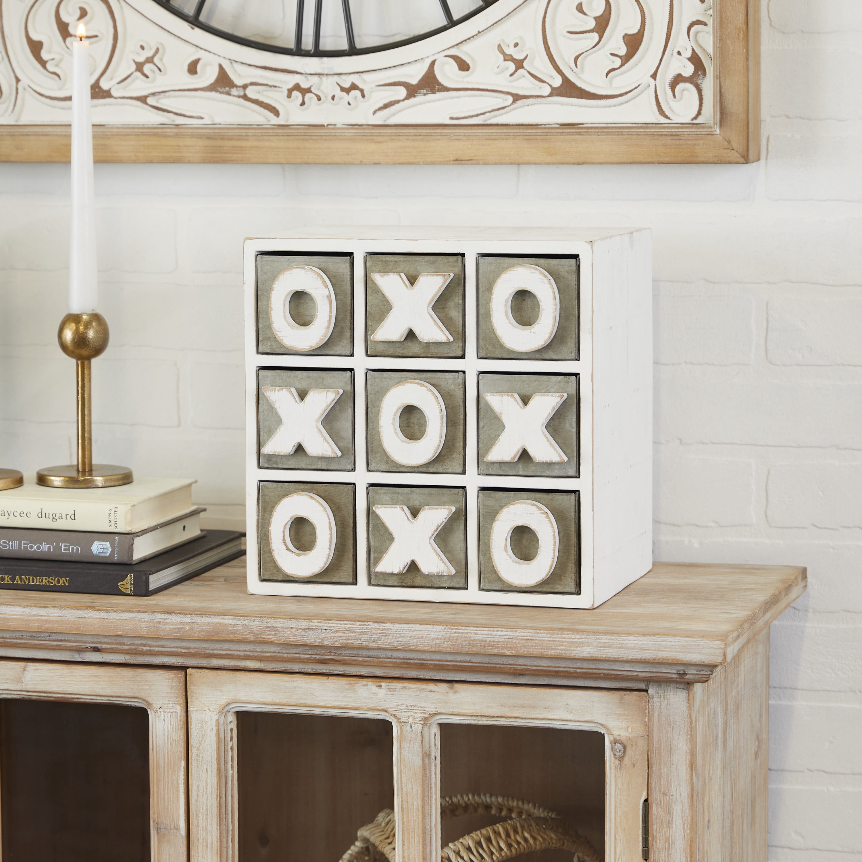 DecMode 11" x 11" White Wood Cabinet with X and O Shelves, 1-Piece