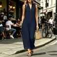 thumbnail image 3 of Capri Jumpsuits for Women Zipper Front Sleeveless Casual Rompers Wide Leg Collared One Piece Jumpsuit Navy, XL, 3 of 6