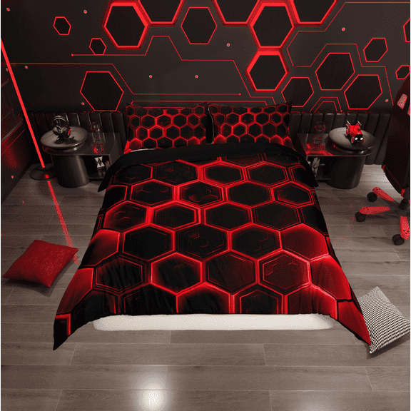 Erosebridal Red Gradient Hexagon Comforter Cover Twin, Geometry Honeycomb Bedding Twin Size, Black Room Decor, Reversible 2-Piece (No Comforter)