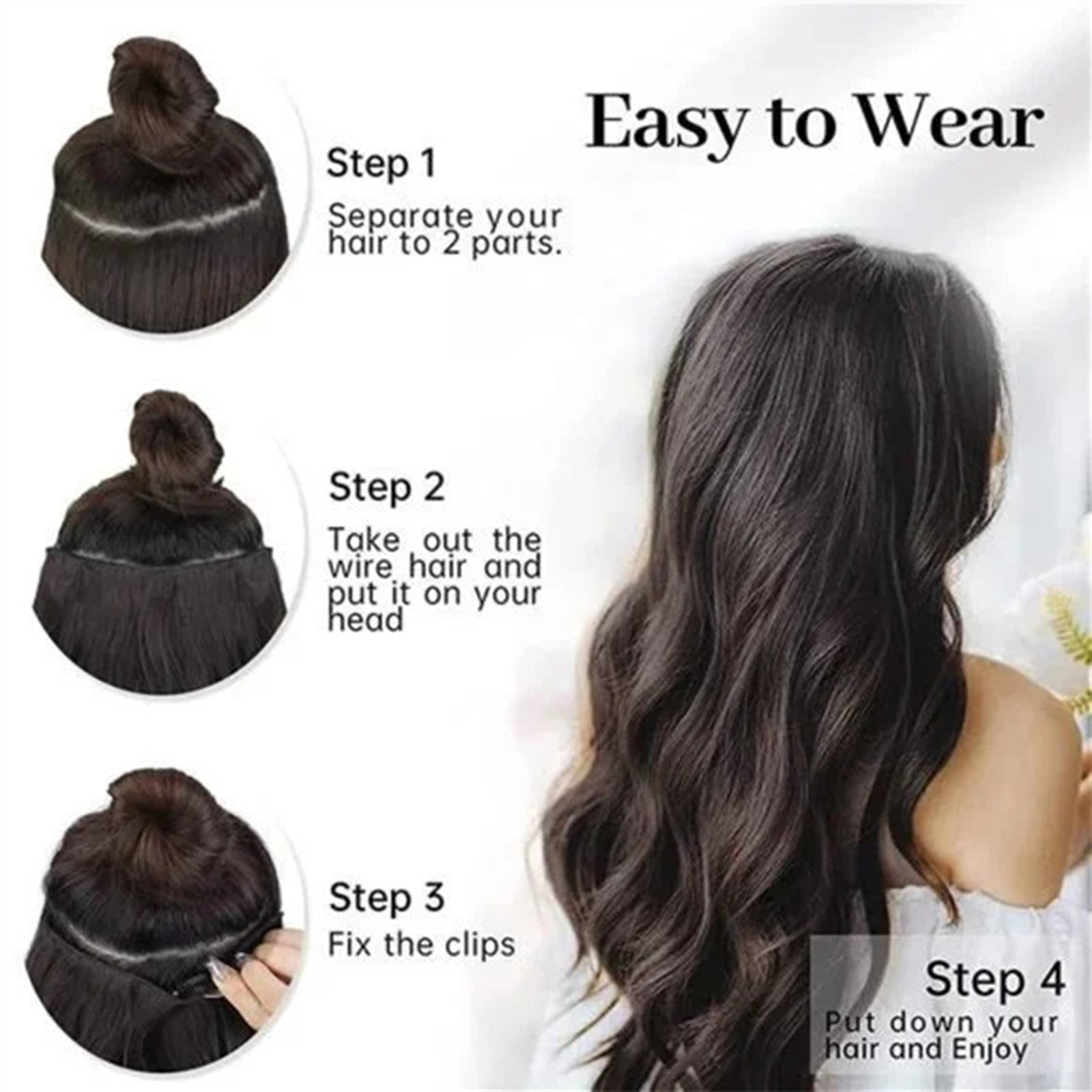 Synthetic Invisible Wire Hair Extensions with Transparent Wire 4 Secure Clips Long Wavy Secret Hairpiece 22 Inch Black for Women