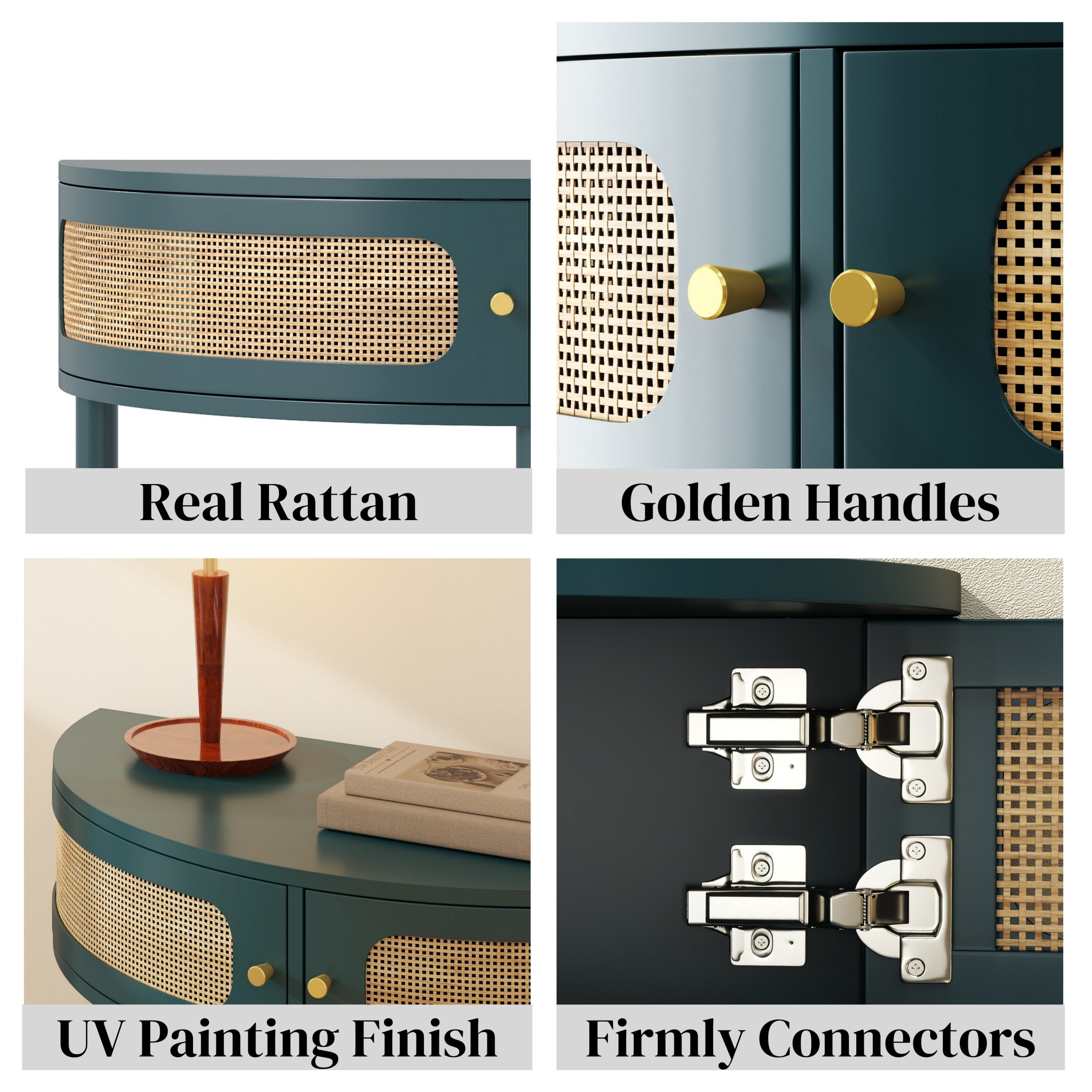Noble House 31.5" Unique Half-Moon Entry Console, Rattan Doors with Bottom Shelf, Boho End Table, Hallway, Antique Green
