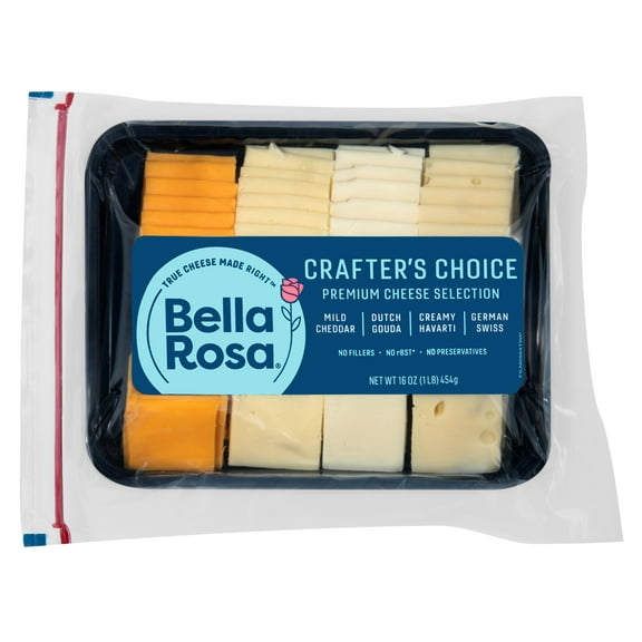 Bella Rosa Crafter's Choice Cheddar, Gouda, Havarti, & German Swiss Cheese Slice Variety Pack, 1 lb Tray