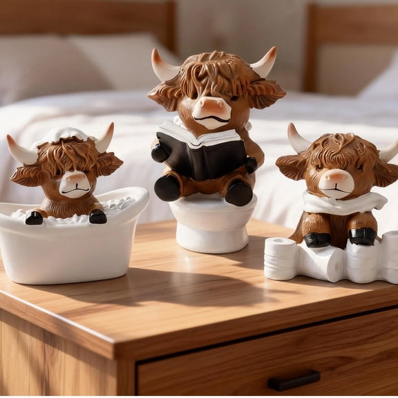 3Pcs Highland Cow Figurines Highland Cow Bathroom Ornaments Set Funny Bathtub Toilet Pattern Cute Calf Statues for Bathroom Home Living Room Decor