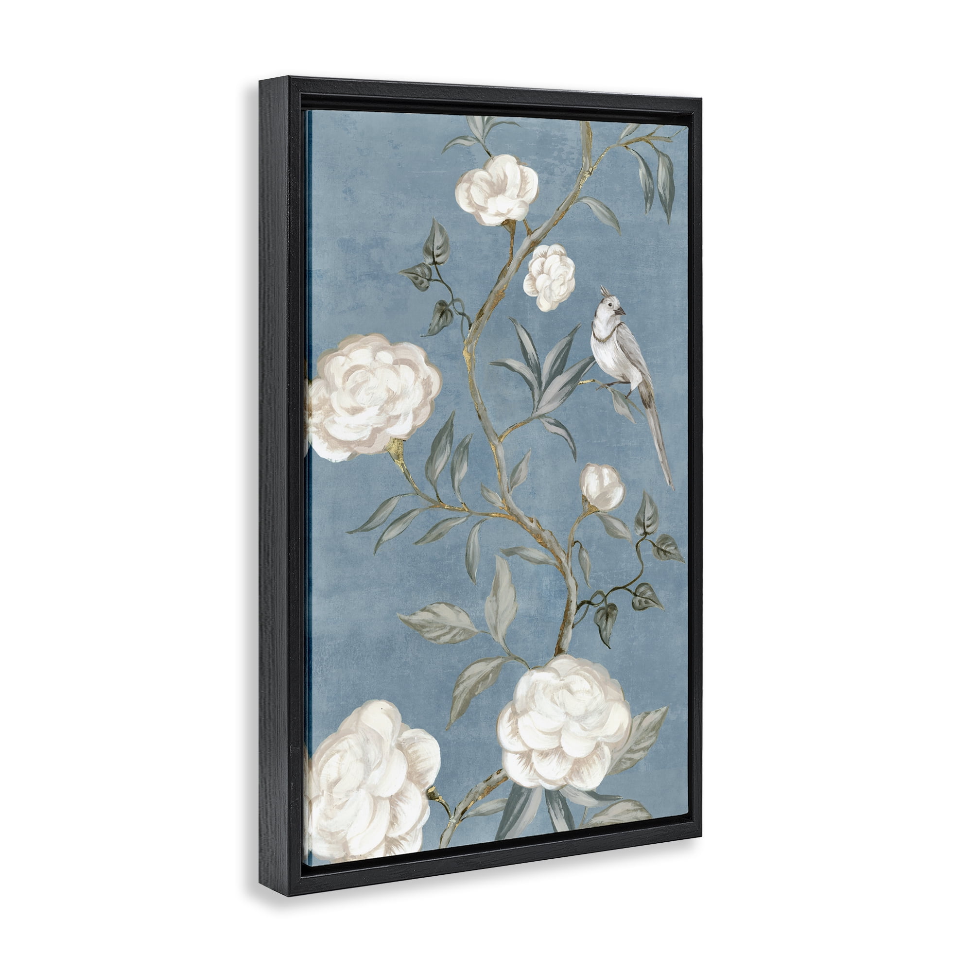 Stupell Industries Bird on Traditional Florals Plants & Flowers Painting Black Floater Framed Canvas Art Print Wall Art, 21 x 31